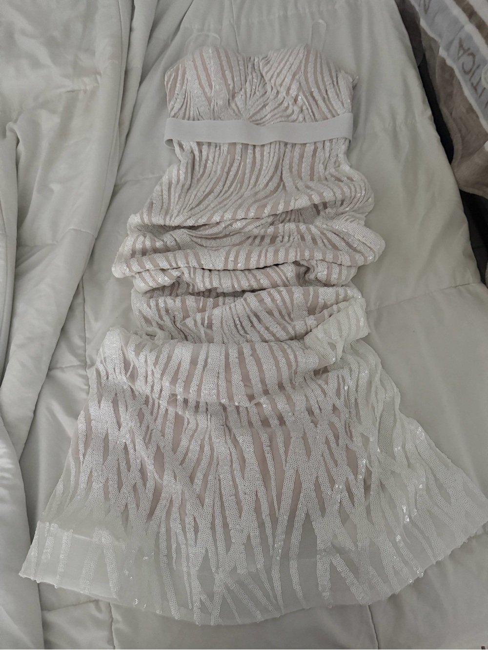 Strapless White Sequin Ruched Long Dress